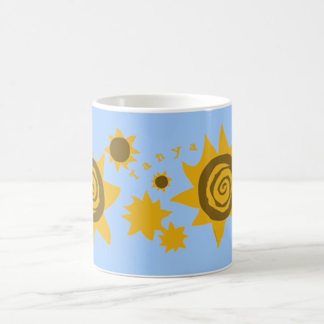 Your Name Sunflowers Yellow Brown Blue Sky Sun Art Coffee Mug (Center)