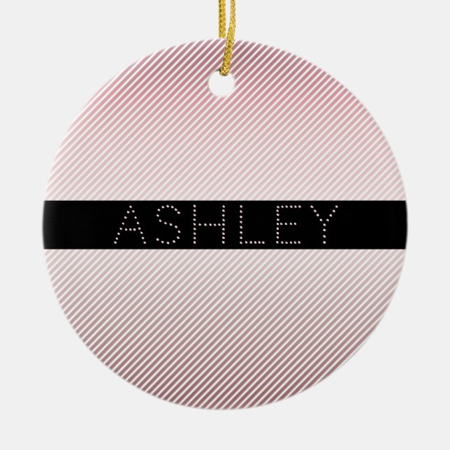 Your Name | Thin Rose Ombre & White Stripes Ceramic Tree Decoration (Front)