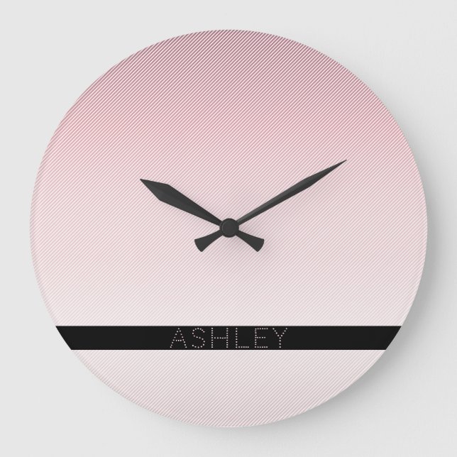 Your Name | Thin Rose Ombre & White Stripes Large Clock (Front)