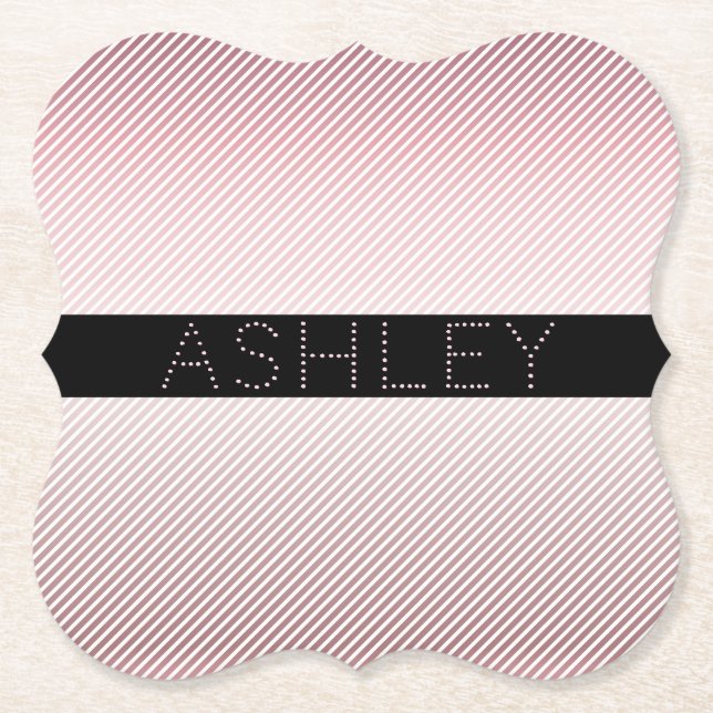 Your Name | Thin Rose Ombre & White Stripes Paper Coaster (Front)