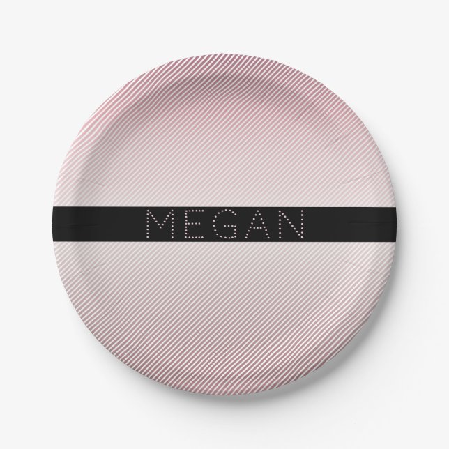 Your Name | Thin Rose Ombre & White Stripes Paper Plate (Front)