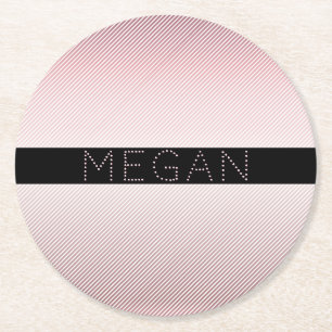 Your Name   Thin Rose Ombre & White Stripes Round Paper Coaster