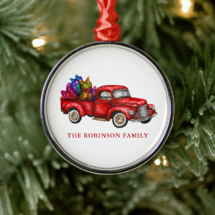 Your Name Watercolor Classic Red Truck With Gifts Metal Tree Decoration