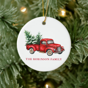 Your Name Watercolor Vintage Red Truck Trees Snow Ceramic Tree Decoration