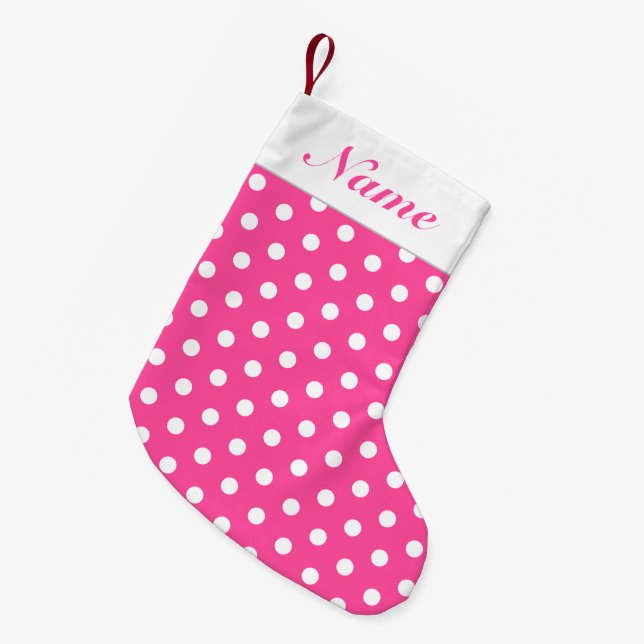 Your Name White Dots Pink Christmas Stocking (Front (Hanging))