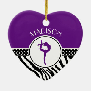 Your Name Zebra Print Gymnastics in Purple Ceramic Tree Decoration