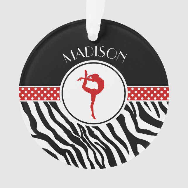 Your Name Zebra Print Gymnastics with Red Details Ornament (Front)