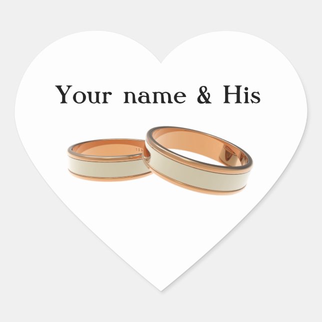 Your Names and Two Wedding Rings Heart Sticker (Front)