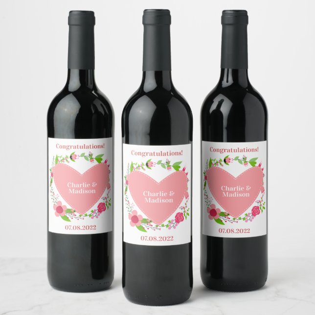 Your Names & Custom Text  in a Flowery Heart Wine Label (Bottles)
