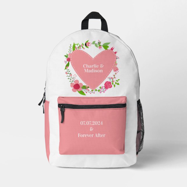 Your Names in a Flowery Heart Printed Backpack (Front)