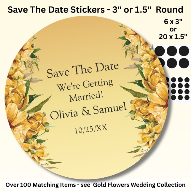 Your Names, Save The Date, Golden Yellow Flowers Classic Round Sticker (Creator Uploaded)