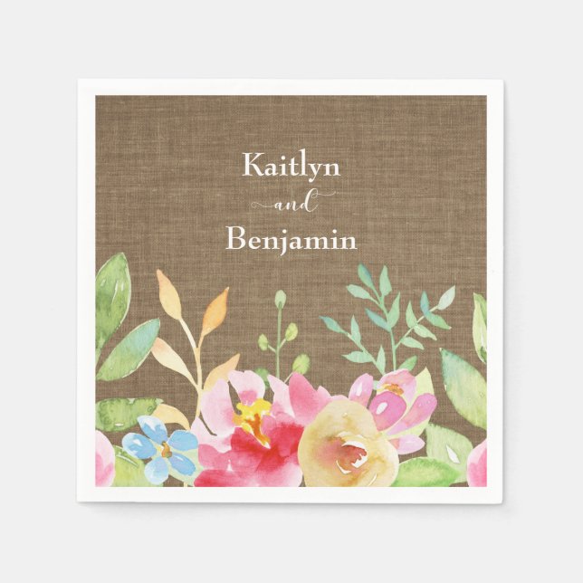 Your Names w/ Colourful Watercolor Flowers & Burla Napkin (Front)