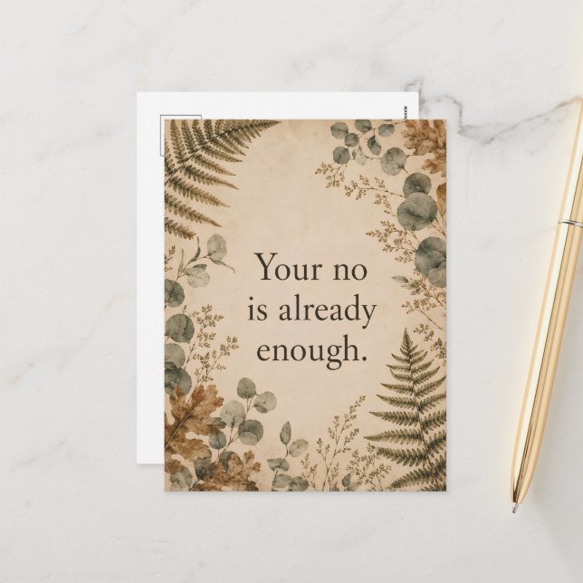Your No Is Enough Boundaries Botanical Quote Holiday Postcard (Front/Back In Situ)