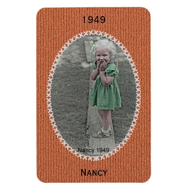 Your Oval Photo Name, Date - Orange Knit Pattern Magnet (Vertical)