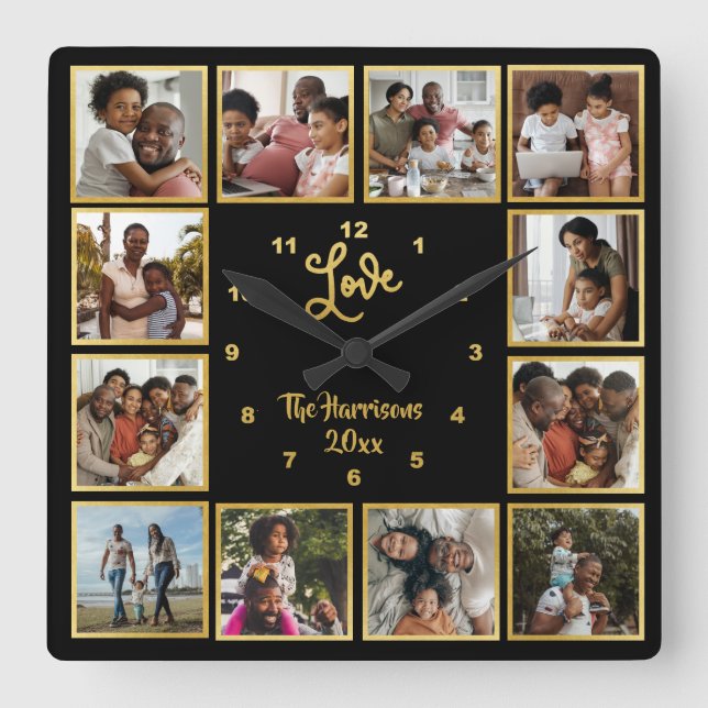 Your Own 12 Photo Collage Love Gold Black Square Wall Clock (Front)
