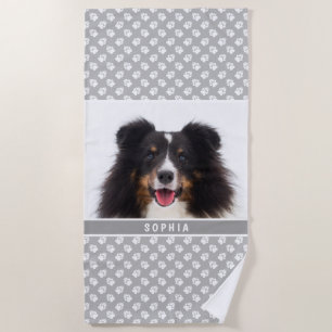 Your Own Custom Photo With Name & Paws On Grey Beach Towel
