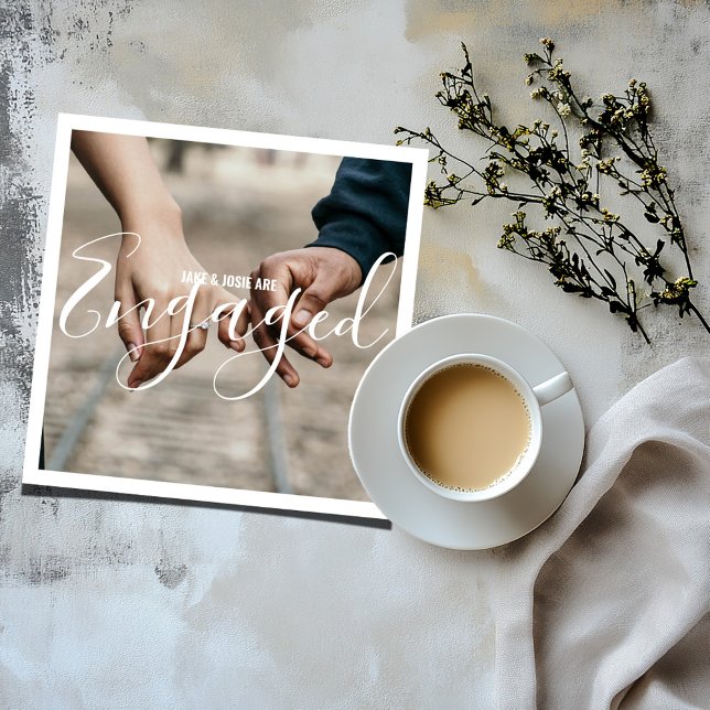 Your own engagement photo announcement party card (Full square photo and white border "engaged" photo card.)