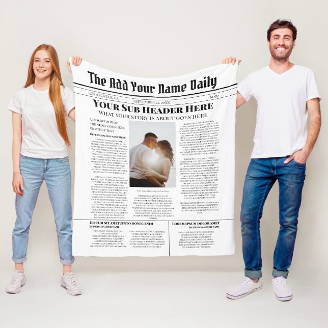 Your Own Front Page News Story Photo Personalised Fleece Blanket (In Situ)