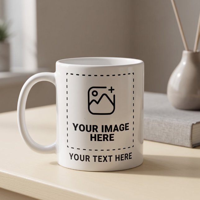 Your Own Photo and Custom Message Coffee Mug (Simulated mug on table)