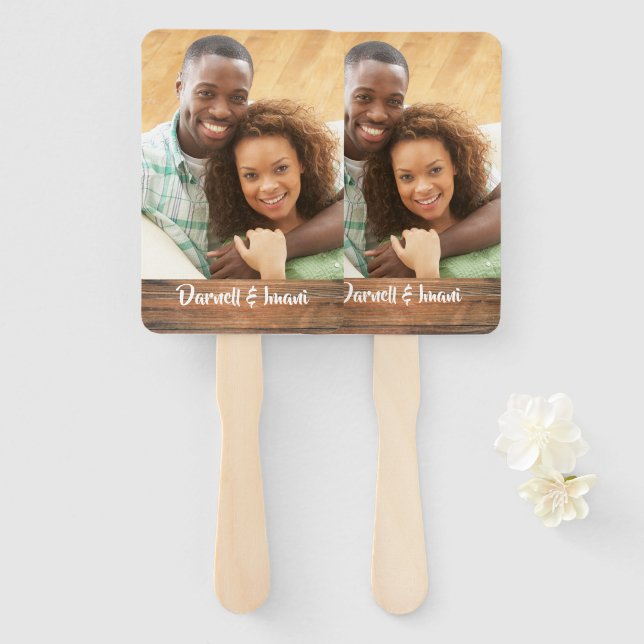 Your Own Photo Rustic Monogrammed Wedding Hand Fan (Front and Back)