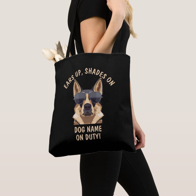 Your Own Text, Ears Up Shades On Dog Name On Duty  Tote Bag (Close Up)