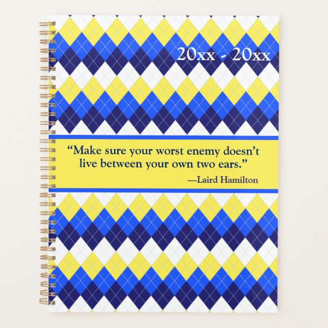 Your Own Worst Enemy Quote Yellow, Blue Argyle Planner (Front)