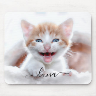 Your Pet Cat Photo Name with Swashes Mouse Mat