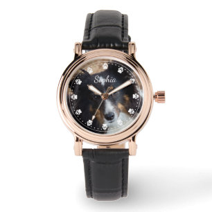 Your Pet Photo And Text & Any Colour Paw Clock Fac Watch