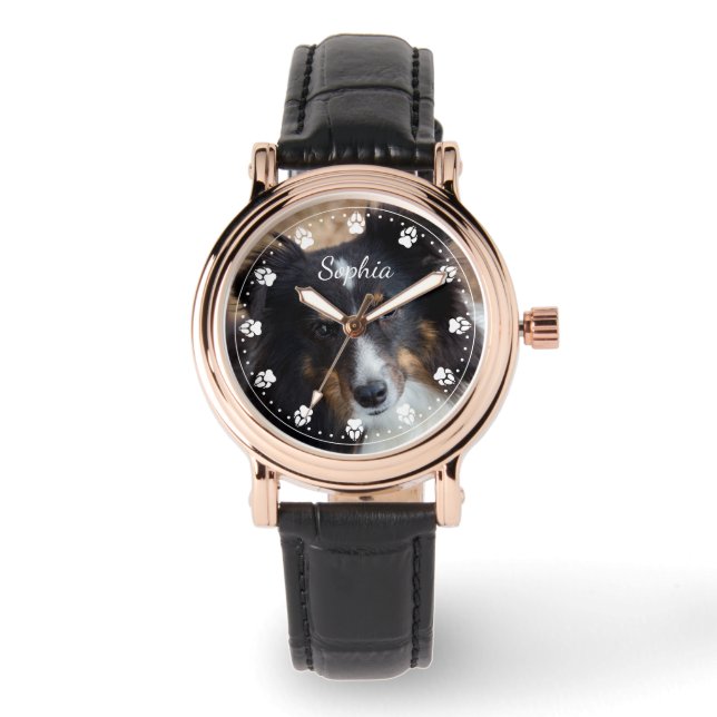 Your Pet Photo And Text & Any Colour Paw Clock Fac Watch (Front)