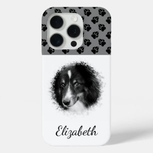 Your Pet Photo & Black Paws On Grey & Custom Name iPhone 15 Pro Case