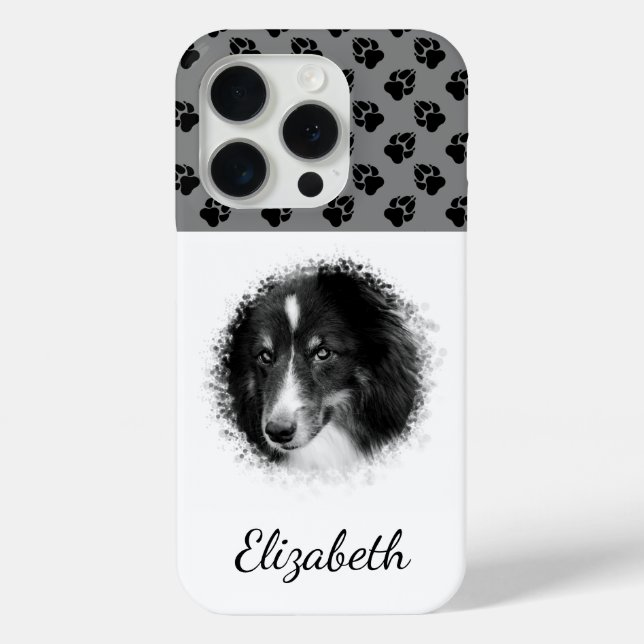 Your Pet Photo & Black Paws On Grey & Custom Name Case-Mate iPhone Case (Back)