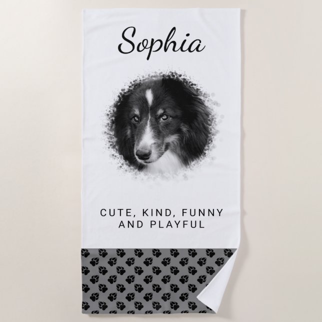 Your Pet Photo & Black Paws On Grey & Custom Text Beach Towel (Front)