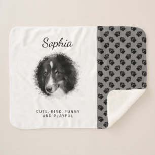 Your Pet Photo & Black Paws On Grey & Custom Text Sherpa Blanket