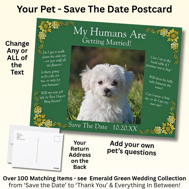 Your Pet Photo Save The Date Emerald Green & Gold Postcard (Creator Uploaded)