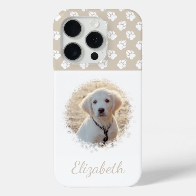 Your Pet Photo & White Paws On Beige & Custom Name Case-Mate iPhone Case (Back)