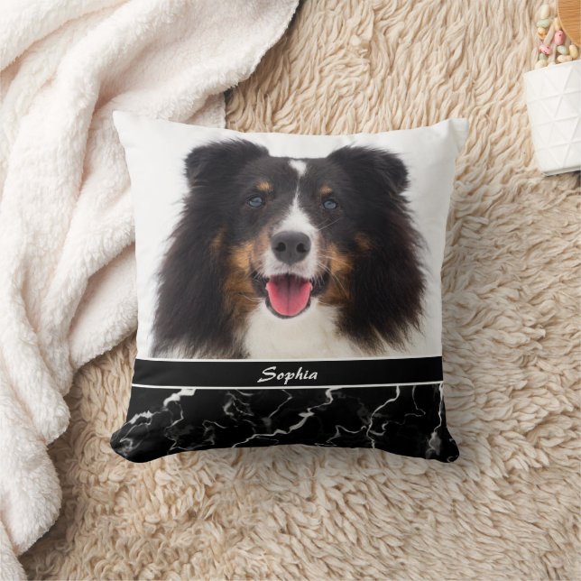 Your Pet's Photo On Faux Black Marble & Name Cushion (Blanket)
