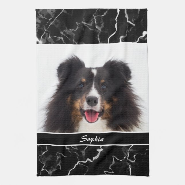 Your Pet's Photo On Faux Black Marble & Name Tea Towel (Vertical)