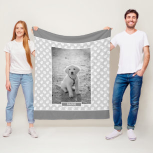 Your Pet's Photo On Grey With Paws & Name Fleece Blanket
