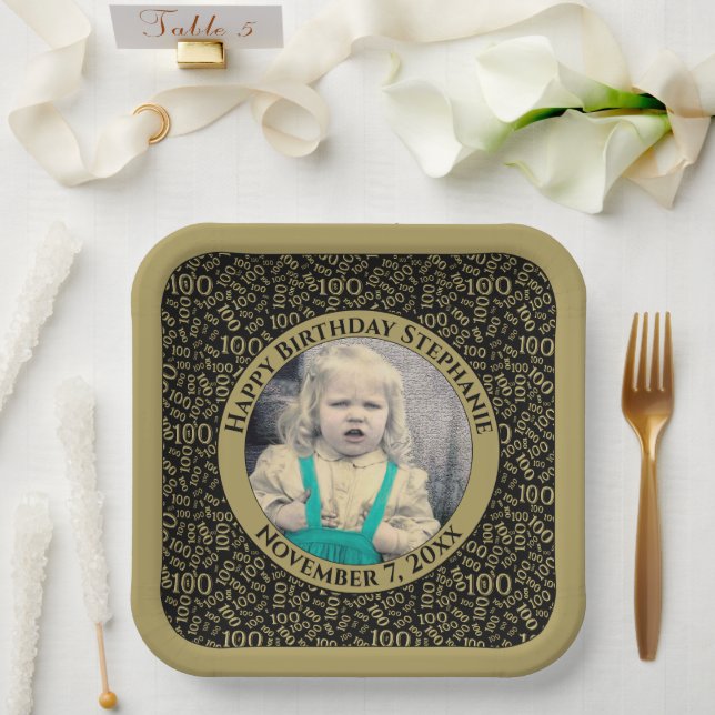 Your Photo 100 Random Number Pattern Black/Gold  Paper Plate (Wedding)