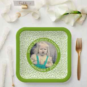 Your Photo 100 Random Number Pattern Green/White Paper Plate