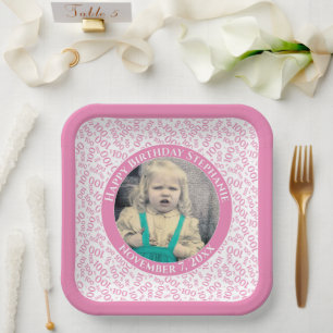 Your Photo 100 Random Number Pattern Pink/White Paper Plate