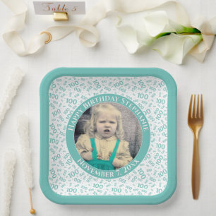 Your Photo 100 Random Number Pattern Teal/White Paper Plate