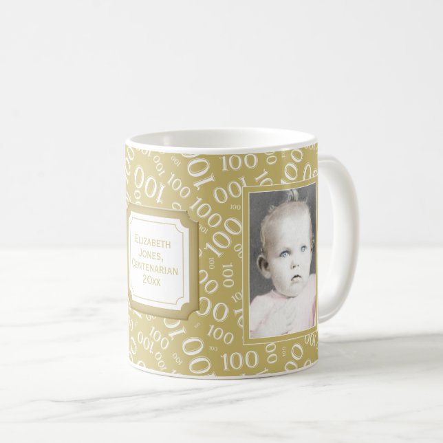 Your Photo 100th Birthday Gold Number Pattern Coffee Mug (Front Right)