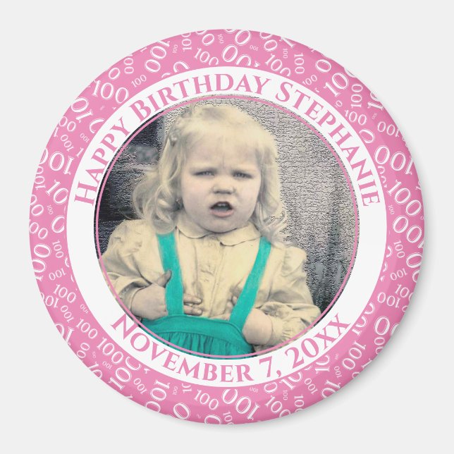 Your Photo 100th Birthday Number Pattern Pink Magnet (Front)