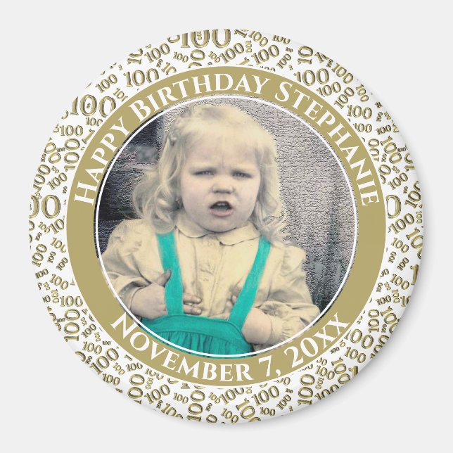 Your Photo 100th Birthday Pattern Gold/White Magnet (Front)