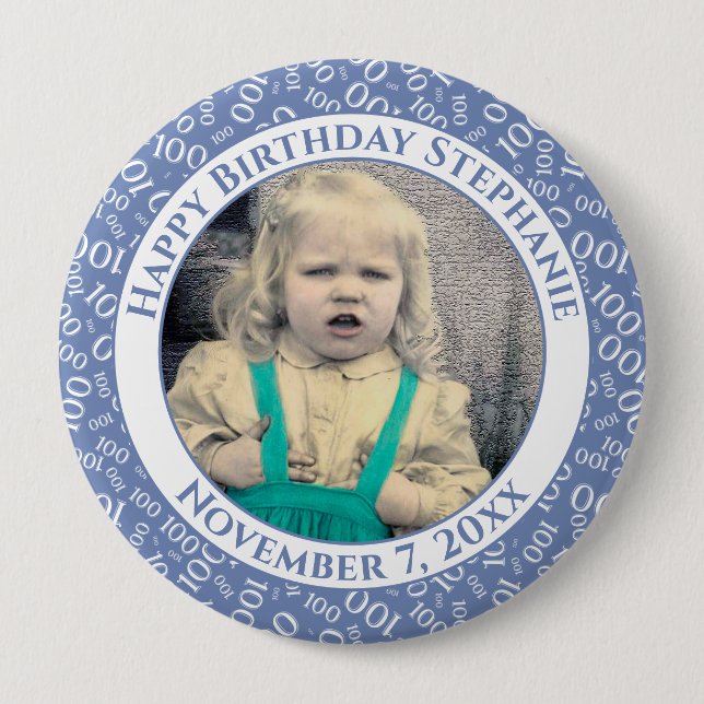 Your Photo 100th Number Pattern Blue/White 10 Cm Round Badge (Front)