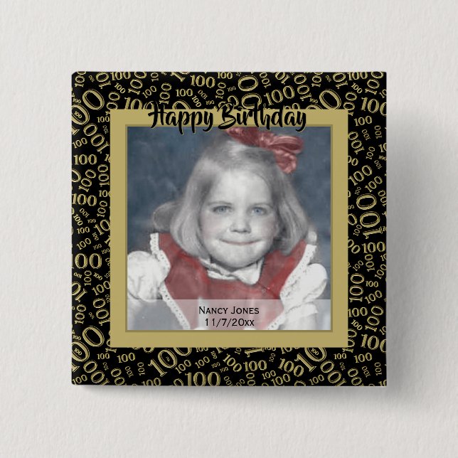 Your Photo 100th Random Number Pattern Black/Gold 15 Cm Square Badge (Front)