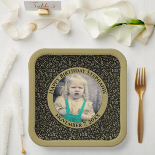 Your Photo 105 Random Number Pattern Black/Gold  Paper Plate