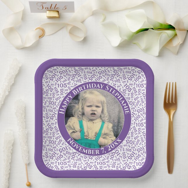 Your Photo 105 Random Number Pattern Purple/White  Paper Plate (Wedding)