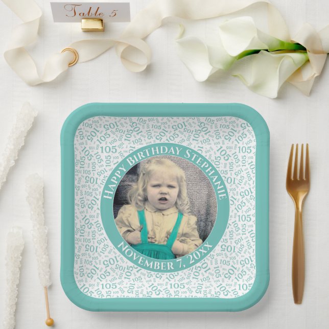 Your Photo 105 Random Number Pattern Teal/White  Paper Plate (Wedding)